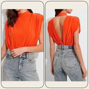 Express Women’s Orange Draped Mock Neck Open Back Thong Bodysuit